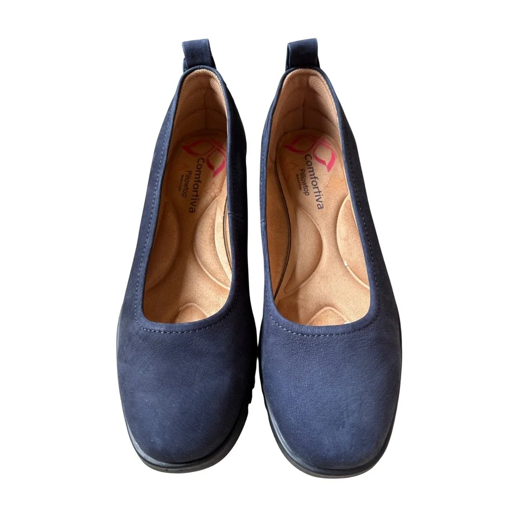 Comfortiva Navy‎ Blue Leather Wedge Pumps Pillowtop Memory Foam Size 8.5M New
